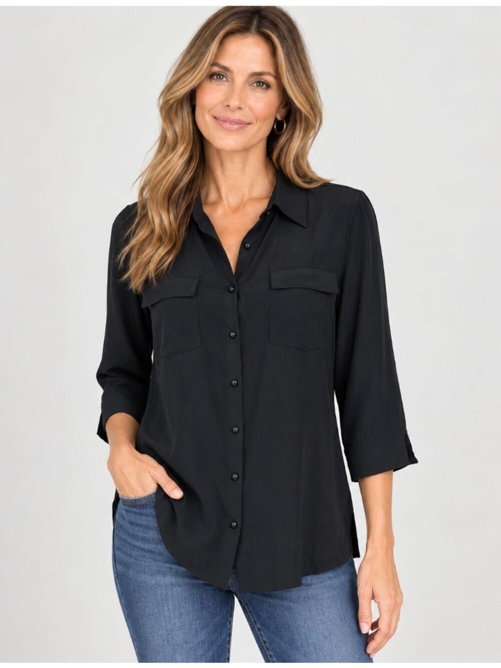Tommy Bahama 100% Silk Black Button Front Blouse Top M
